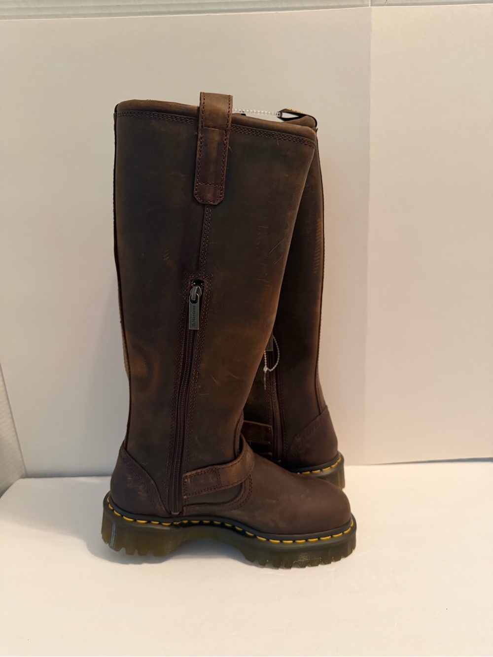 NWT Dr. Martens Anistone Brown Tall Harness Boots with Yellow Stitching - Picture 7 of 11